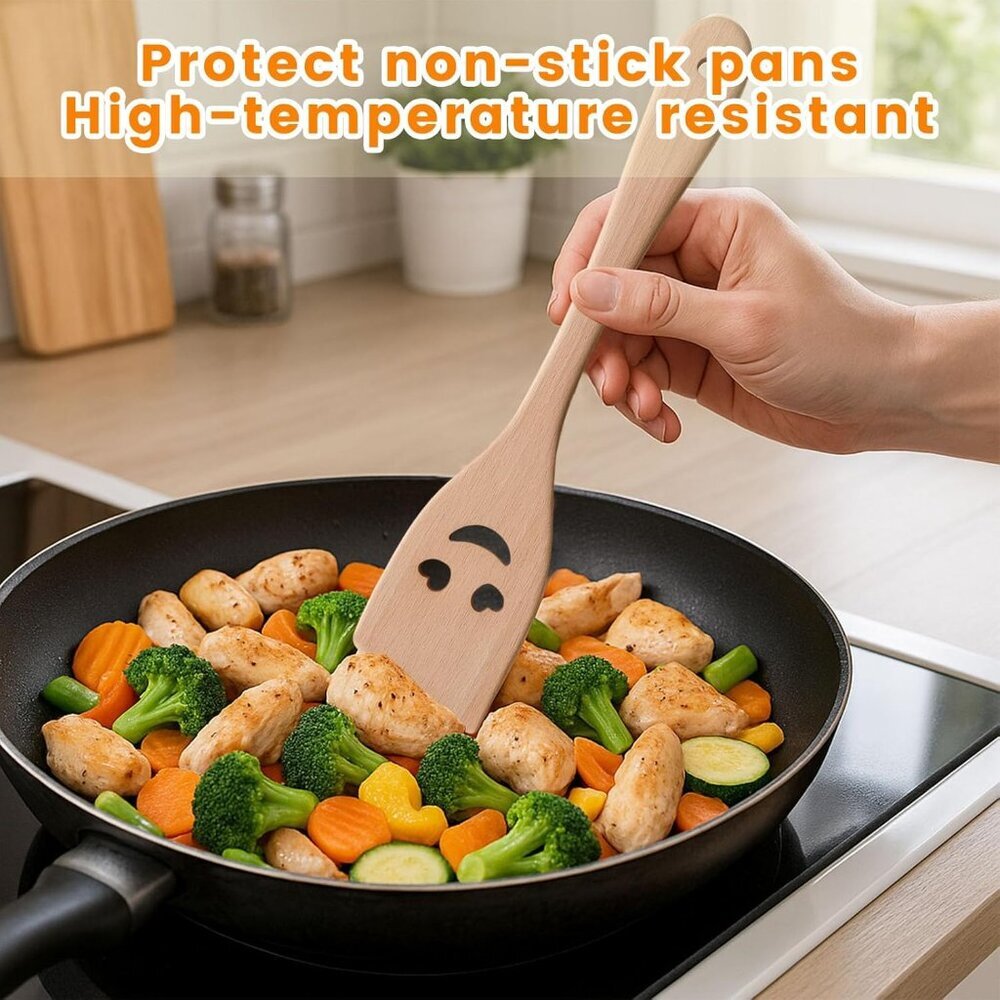 5PCS Wooden Spoons for Cooking, Funny Wooden Utensil Set Wood Spatulas with Smil - Picture 2 of 6